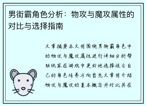 男街霸角色分析:物攻与魔攻属性的对比与选择指南 男街霸角色分析:物攻与魔攻属性的对比与选择指南