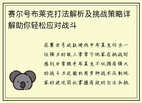 赛尔号布莱克打法解析及挑战策略详解助你轻松应对战斗